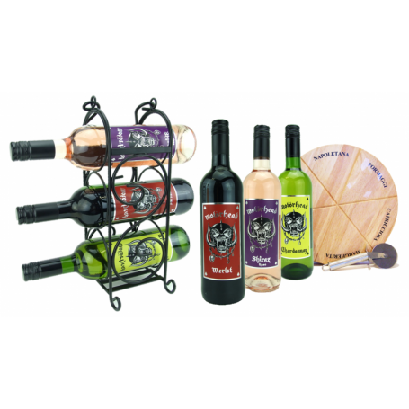 BOX APERO VINS MOTORHEAD 6*75CL + 1 PLANCHE + 1 COUTEAU + 1 RACK WINE